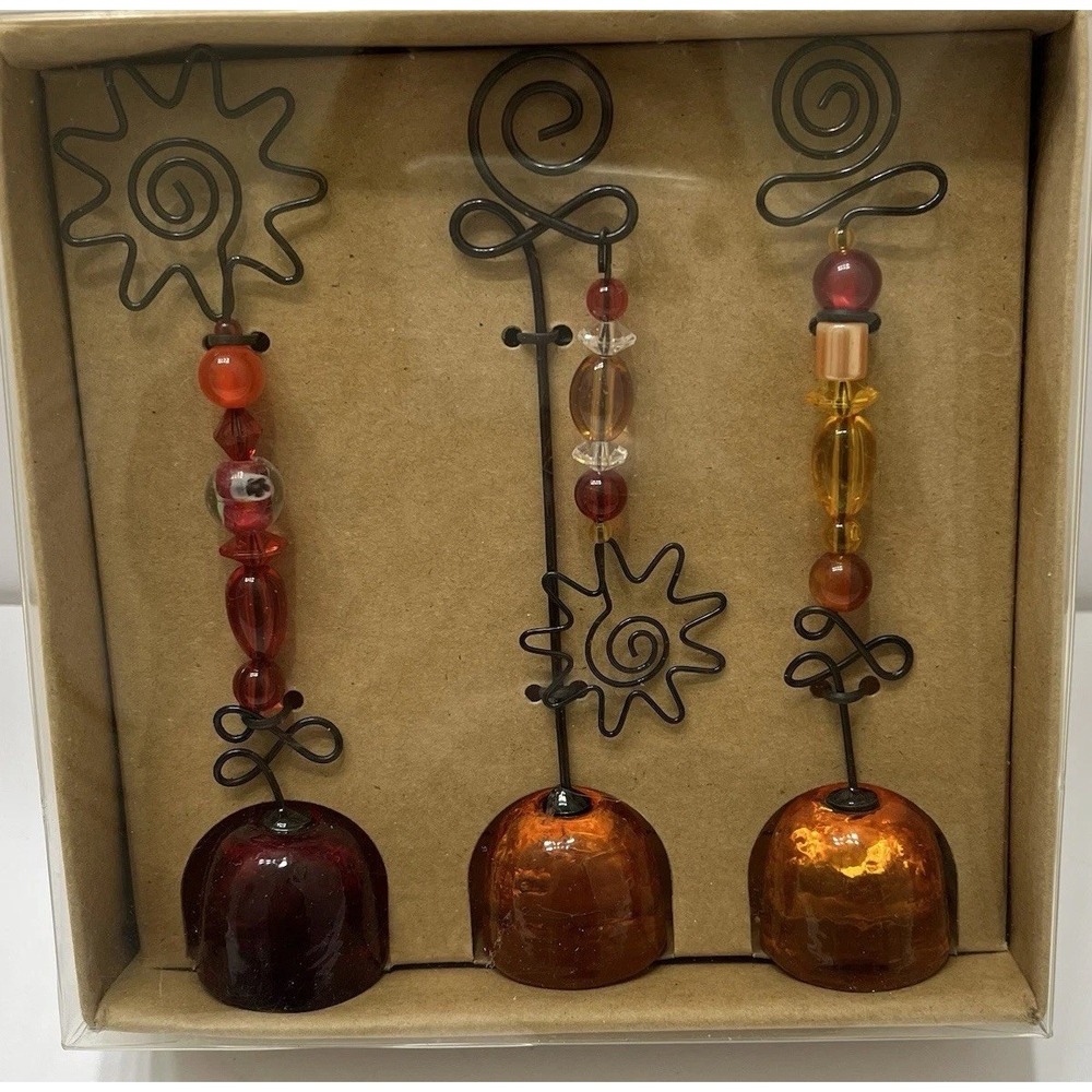 Vintage Pier 1 Imports Photo/Notes Holders Set Of 3 Red Orange Glass Beads Wire